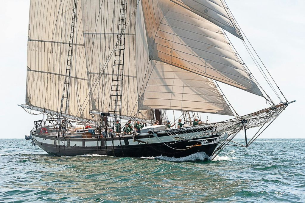 샌디에이고 해역을 항해하는 해양 박물관의 공식 주립 대형 선박과 함대 선박.