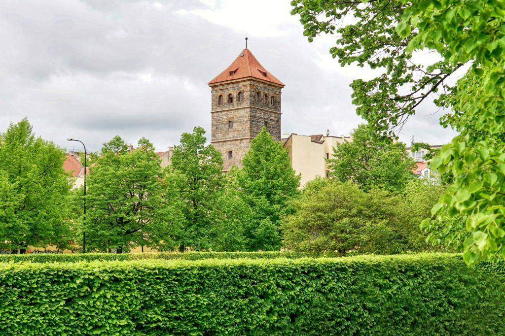 붉은 지붕의 석탑이 흐린 하늘 아래 푸른 나무와 덤불 사이에 서 있습니다.
