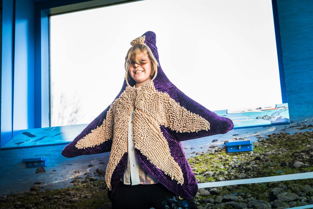 해안선을 배경으로 한 경치 좋은 실내 장소에서 불가사리 의상을 입은 미소 짓는 아이.