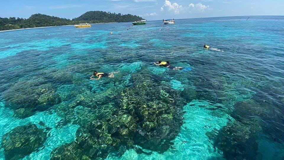 산호초가 보이는 맑고 푸른 바다에서 스노클링하는 사람들, 부분적으로 흐린 하늘 아래 배경으로 보트와 울창한 섬.