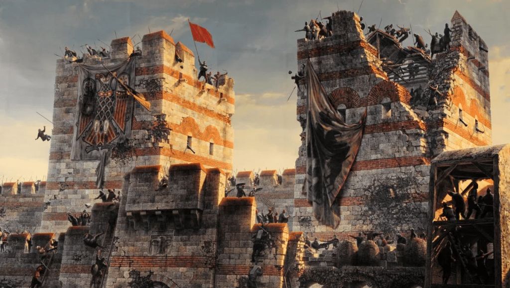 중세 시대의 석조 요새가 공격을 받고 있으며, 군인들은 벽과 등반 타워, 흔들리는 깃발, 흐린 하늘을 배경으로 하고 있습니다.