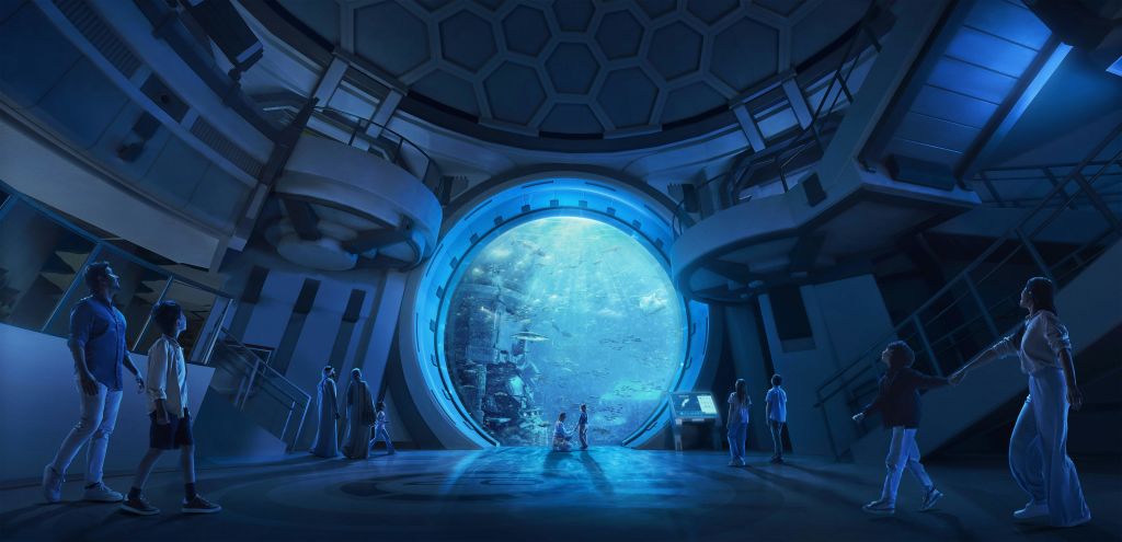 커다란 원형 창문을 통해 수중 장면을 관찰하는 미래 지향적 인 방의 사람들은 측면에 인터랙티브 디스플레이를 갖추고 있습니다.