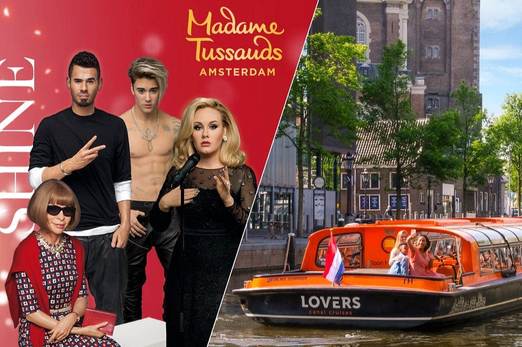 마담 투소 암스테르담 (Madame Tussauds Amsterdam) 에서 유명인 4명의 밀랍인형과 나무가 있는 운하에서 오렌지 보트를 타는 장면을 콜라주로 연출해보세요.