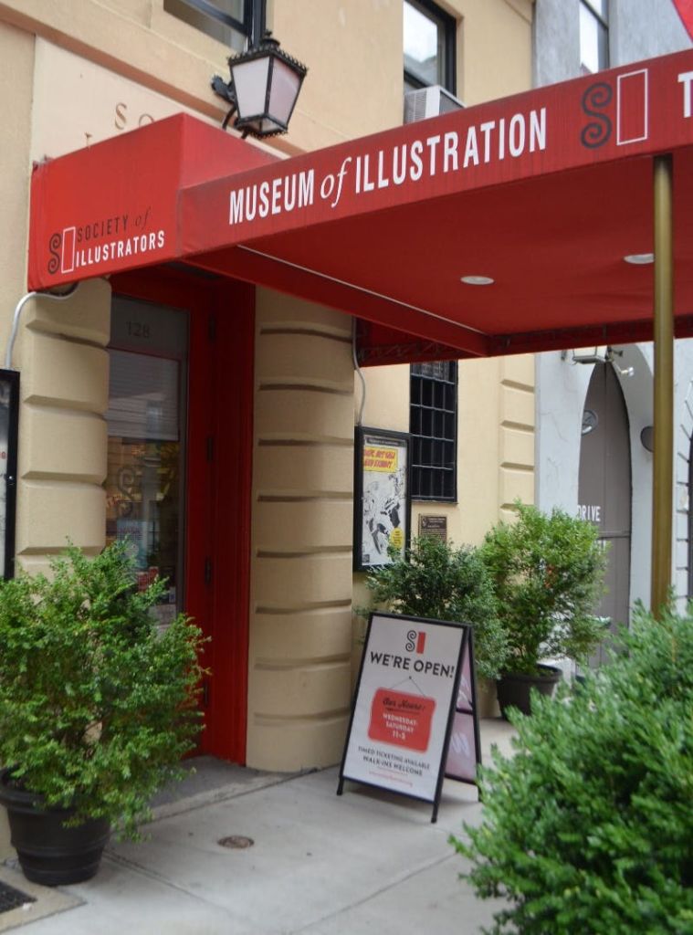 붉은 천막, 샌드위치 보드 표지판, 녹색 식물이 있는 일러스트레이션 박물관 입구.