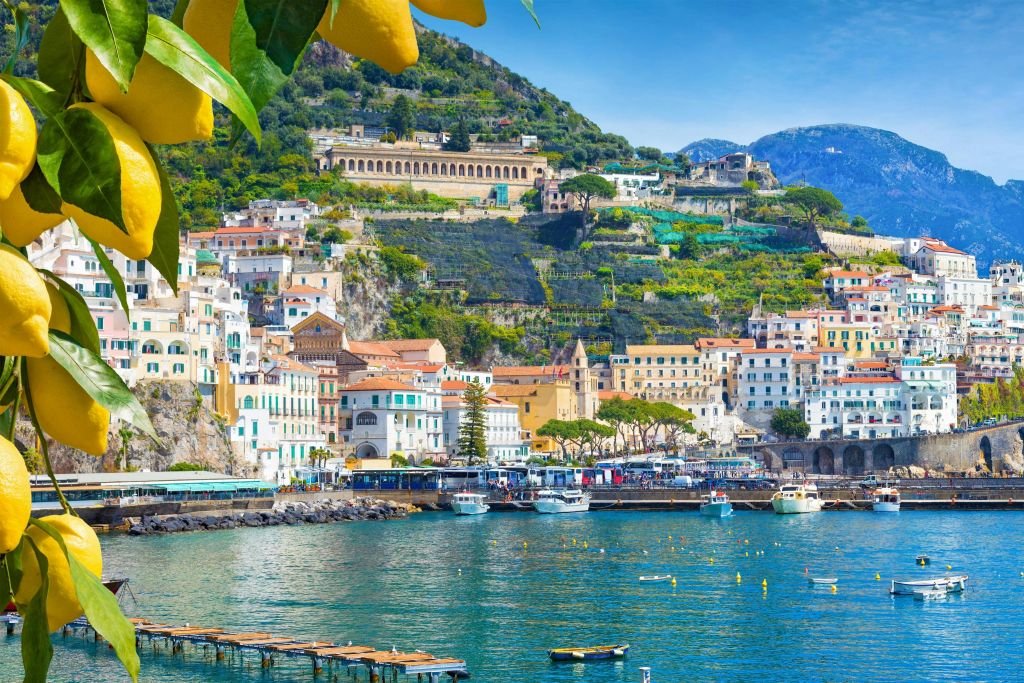 산 중턱에 화려한 건물, 맑고 푸른 바다, 전경에 매달린 레몬이 아름다운 해안 마을입니다.