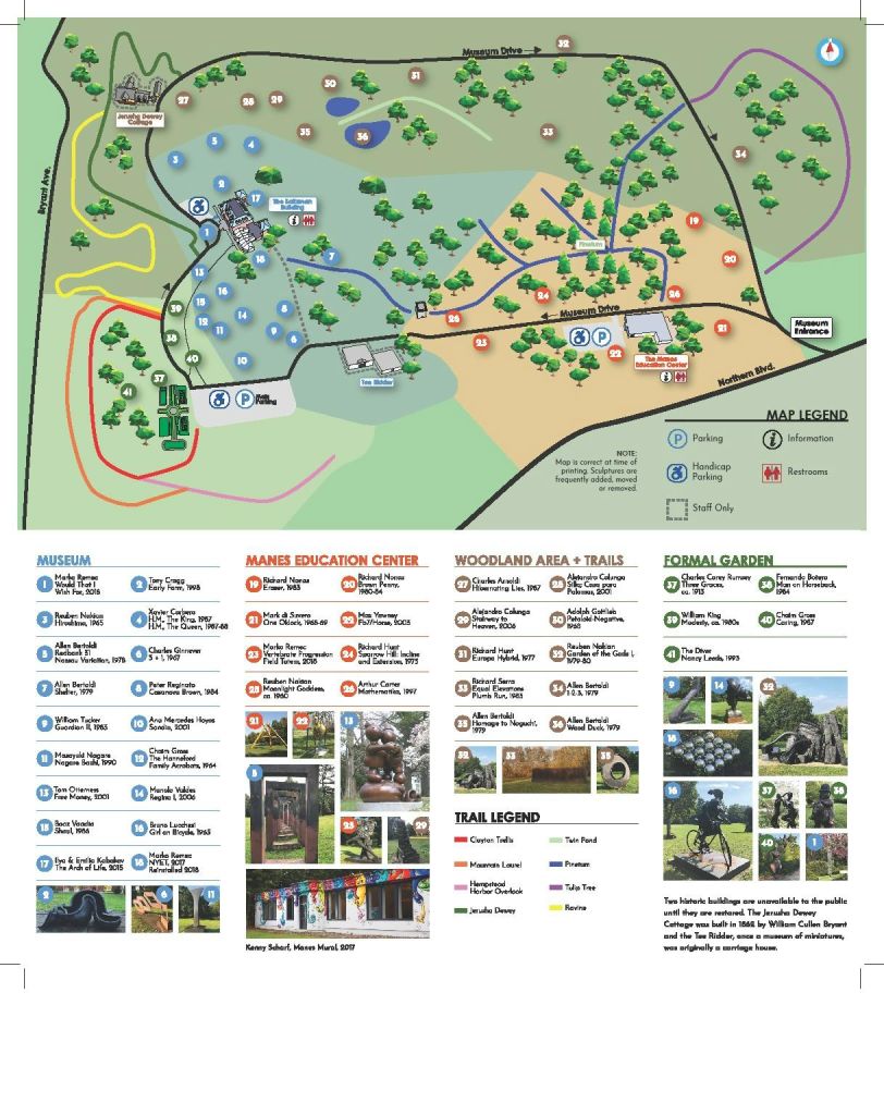 박물관, 교육 센터, 삼림지대 산책로, 공식 정원 구역 및 기타 시설이 있는 다채로운 공원 지도 (전설 포함).