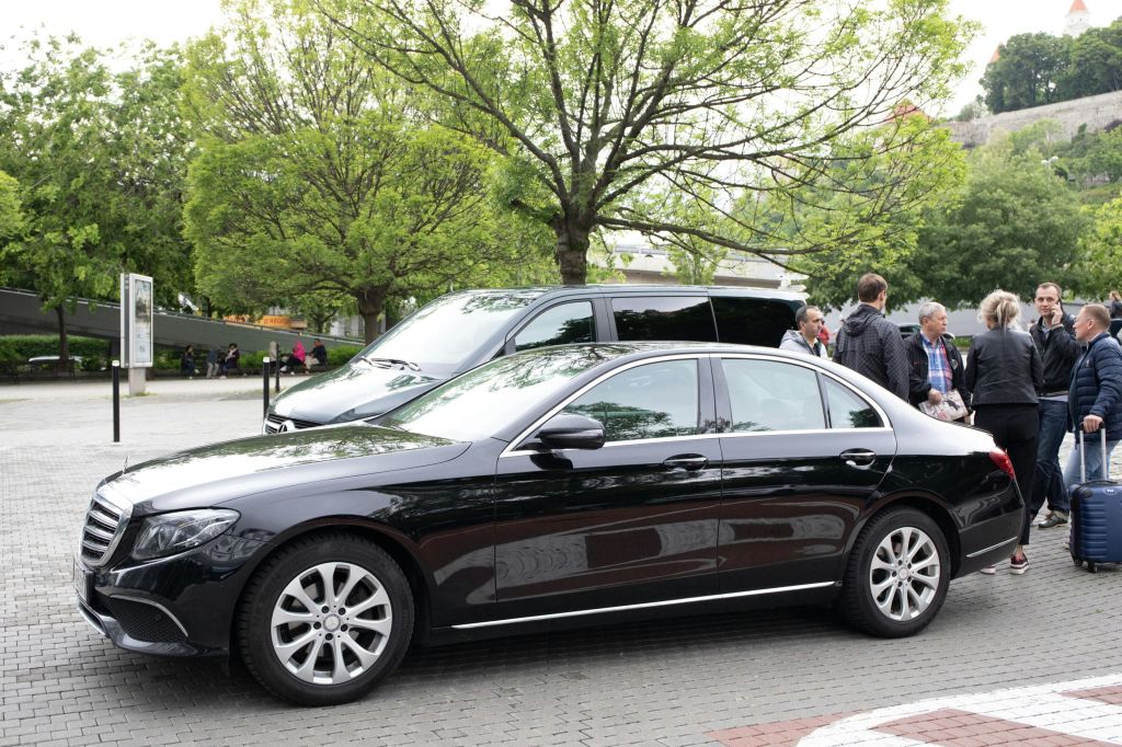 나무와 언덕을 배경으로 거리에 주차된 검은색 차량 옆에 서서 대화를 나누는 사람들.