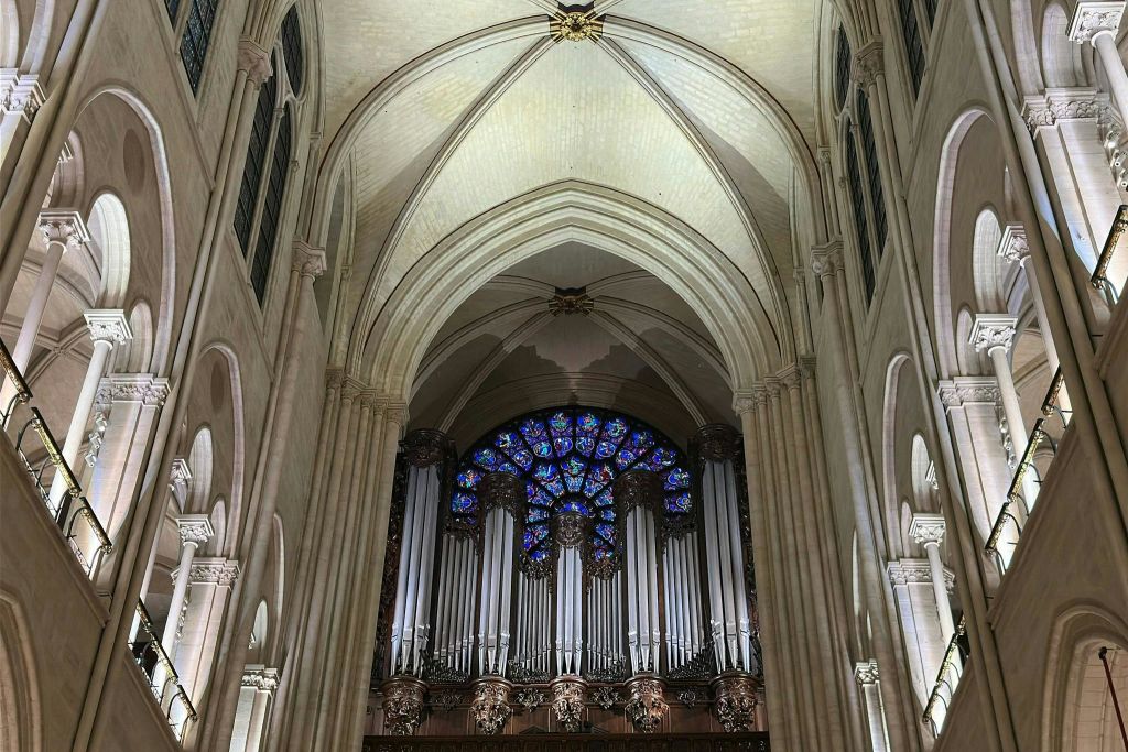 아치형 천장, 커다란 스테인드글라스 장미 창문, 그 아래 웅장한 파이프 오르간이 보이는 대성당 내부.