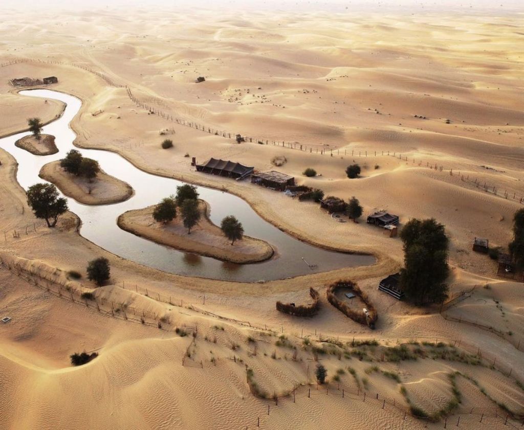 흩어져 있는 초목, 작은 물체, 여러 건물이 있는 사막의 오아시스의 공중 전망.