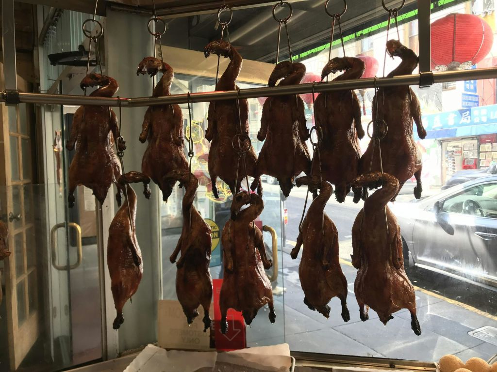 거리 풍경을 배경으로 푸드 디스플레이 창에 고리에 매달린 오리 구이.