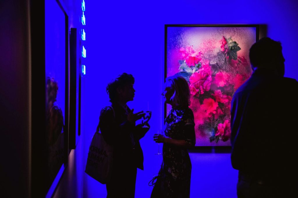 포토그라피스카 (Fotografiska) 의 푸른빛 전시 공간에서 와인 한 잔을 마시며 사진 촬영에 대해 이야기를 나누는 게스트 두 명.