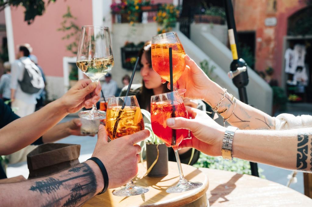 4명이 아페롤 스프리츠와 화이트 와인을 포함한 음료가 가득 담긴 잔을 식물과 꽃이 있는 야외 공간에서 클링크하고 있습니다.