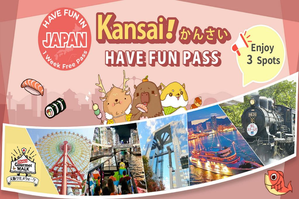 일러스트 캐릭터와 관람차 및 보트 투어를 포함한 5개의 관광 명소를 보여주는 "Kansai Have Fun Pass" 의 프로모션 그래픽.