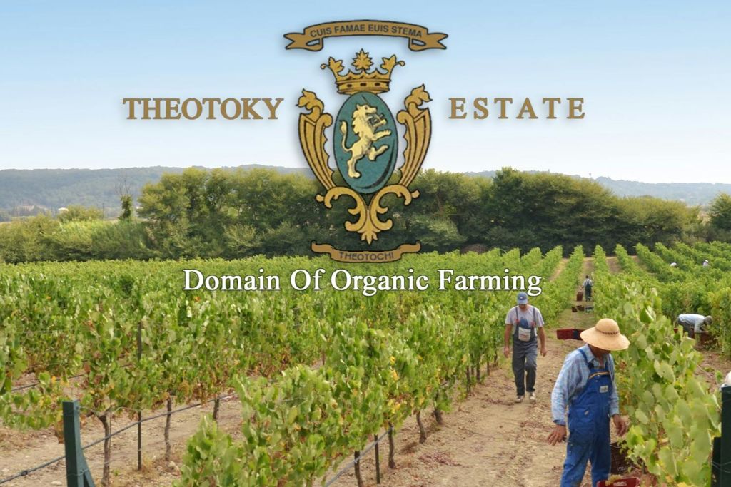 "THEOTOKY ESTATE" 및 "DOMAIN OF ORGANIC FARMING" 텍스트가 겹쳐진 포도원의 두 명의 근로자와 상단에 문장이 있습니다.