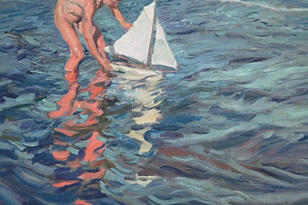 얕은 물에서 장난감 범선을 가지고 노는 아이. 이 장면은 선명한 색상으로 회화적인 스타일로 묘사됩니다.