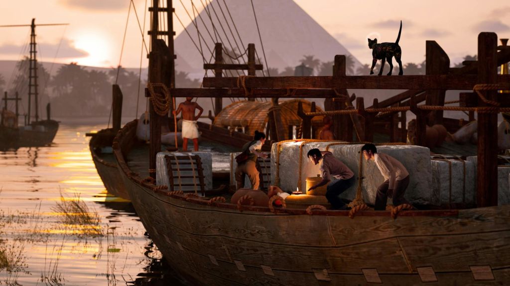 피라미드와 고양이를 배경으로 커다란 상자에 둘러싸인 등불이 켜진 나무 보트를 타고 작업하는 사람들.