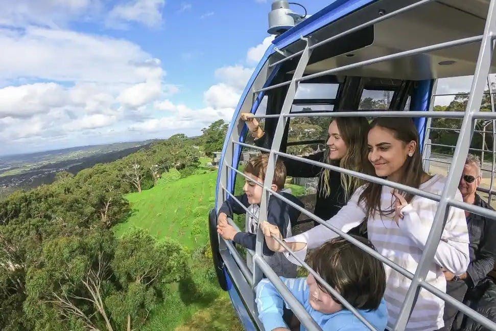 어린이를 포함한 일행은 창문이 막힌 파란색 케이블카 안에서 경치를 감상할 수 있습니다.