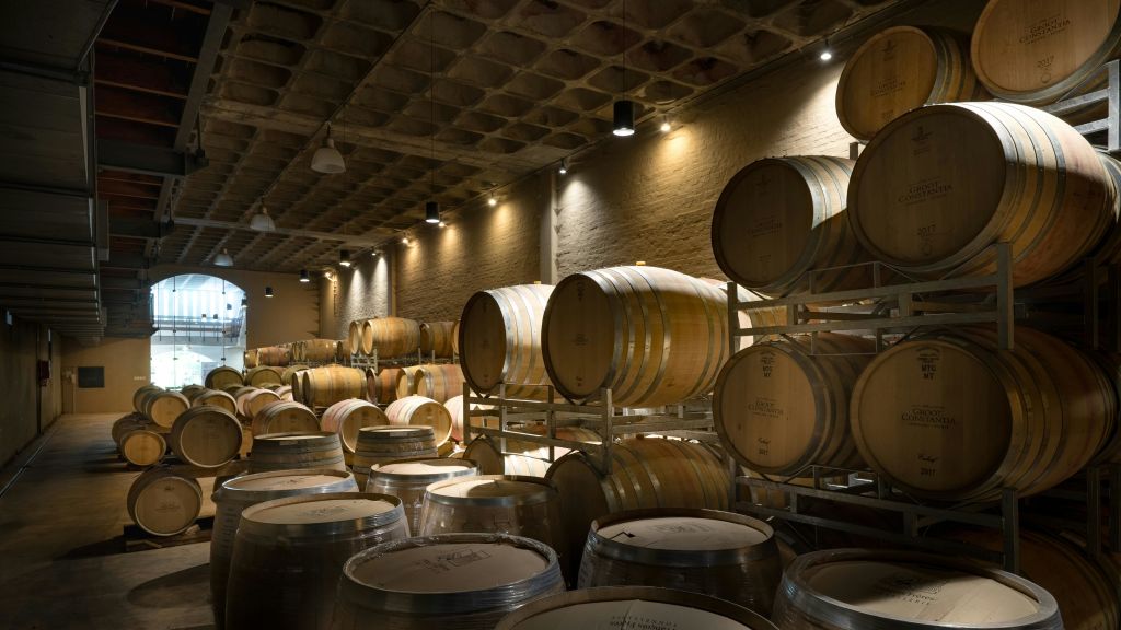 와인이나 증류주를 숙성하는 데 사용되는 나무 통이 쌓여 있는 희미한 조명 저장고입니다.