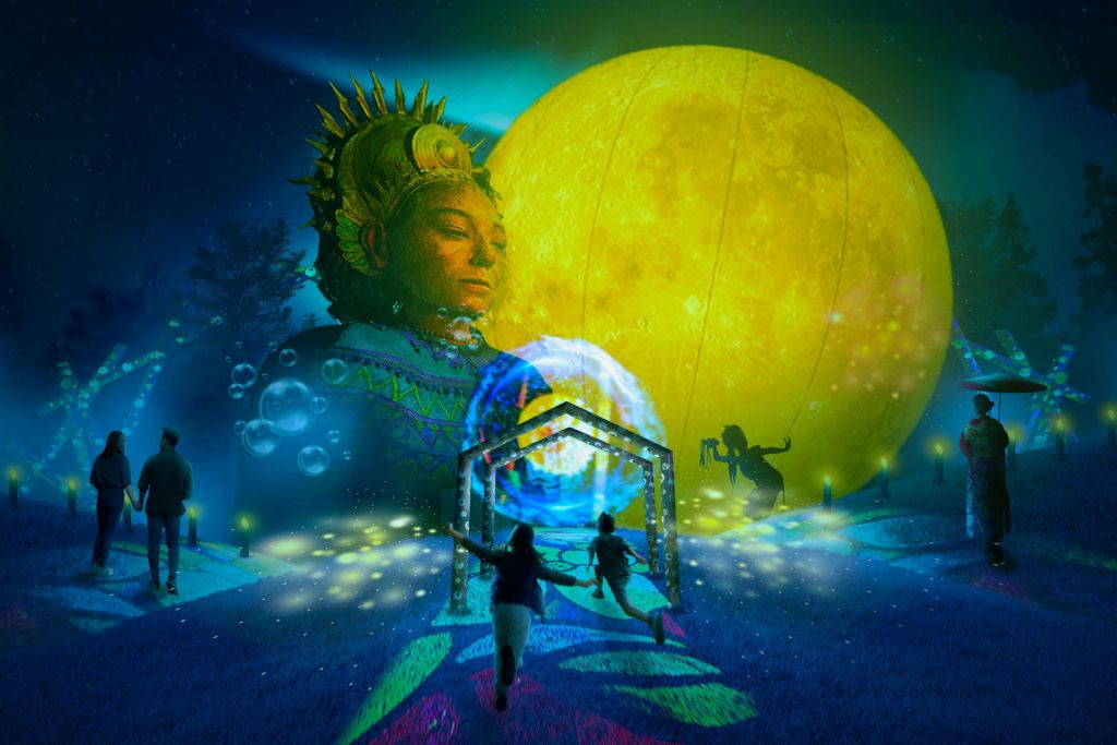 거대한 태양, 고요한 부처, 거품, 빛나는 통로와 구조물과 상호 작용하는 사람들이 등장하는 초현실적인 장면.