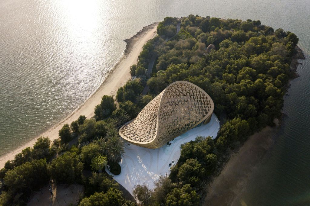 물의 몸의 해안에 빽빽한 나무로 둘러싸인 직조된 유기적인 디자인의 조각 건물의 공중 전망.
