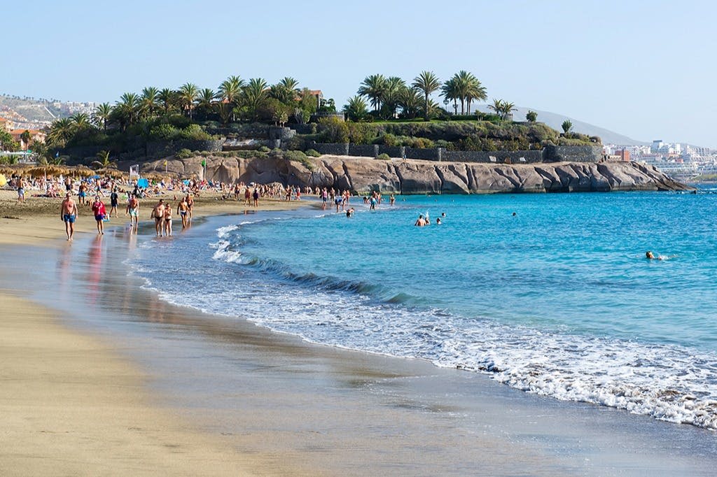맑고 푸른 물, 바위 같은 해안선, 야자수를 배경으로 모래사장을 거닐고 수영하는 사람들.