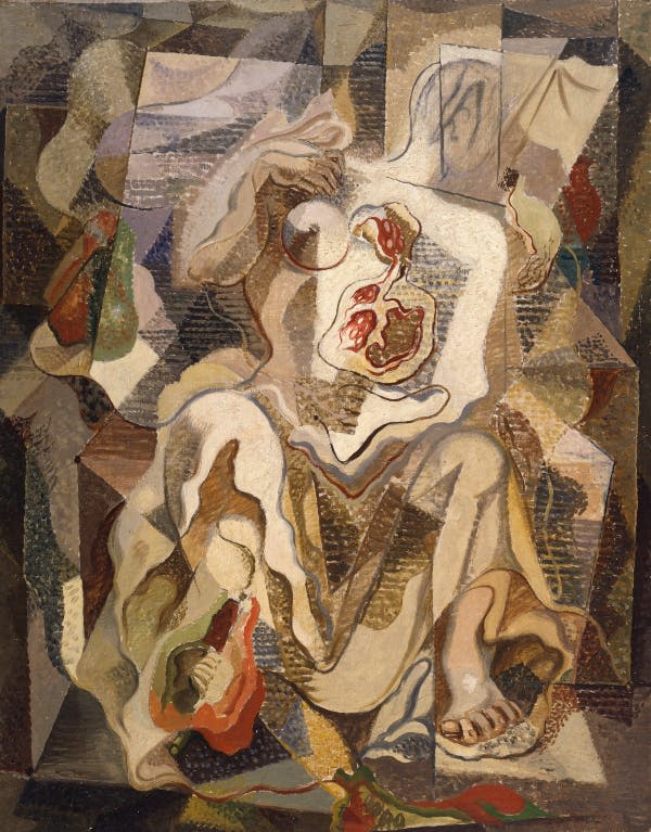 팔다리와 석류가 뚜렷하지 않은 인물을 묘사한 조각난 모양의 추상 입체파 그림. 어스 톤의 색상이 지배적입니다.