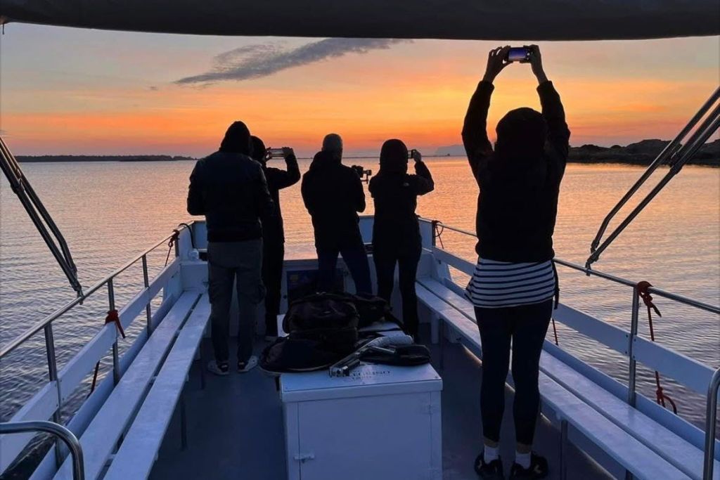 보트를 탄 한 무리의 사람들이 스마트폰으로 물 위에서 일몰을 감상하고 있습니다.