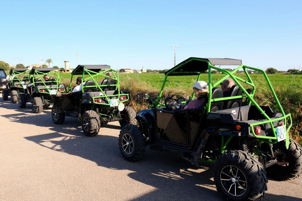 햇살이 내리쬐는 시골길에서 녹색과 검은색의 전지형 차량을 타고 밭과 맑은 하늘을 배경으로 달리는 사람들도 많습니다.