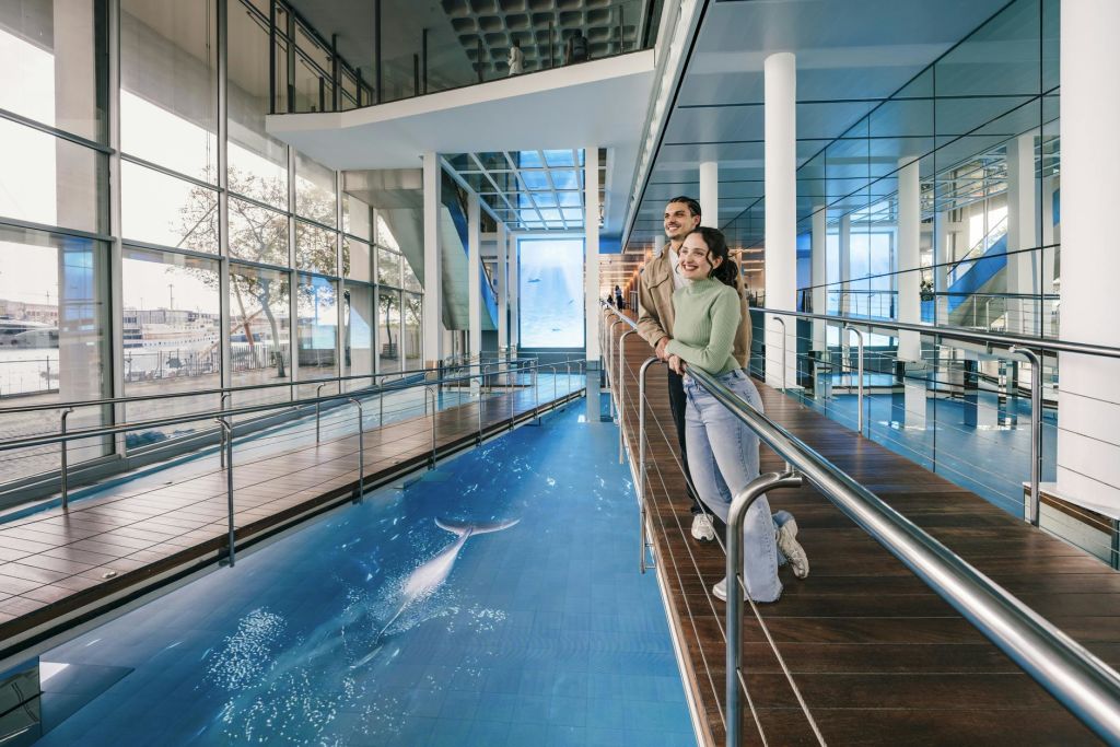 고래 이미지가 있는 물을 닮은 디지털 디스플레이 위에 현대적인 실내 산책로에 서 있는 두 사람.