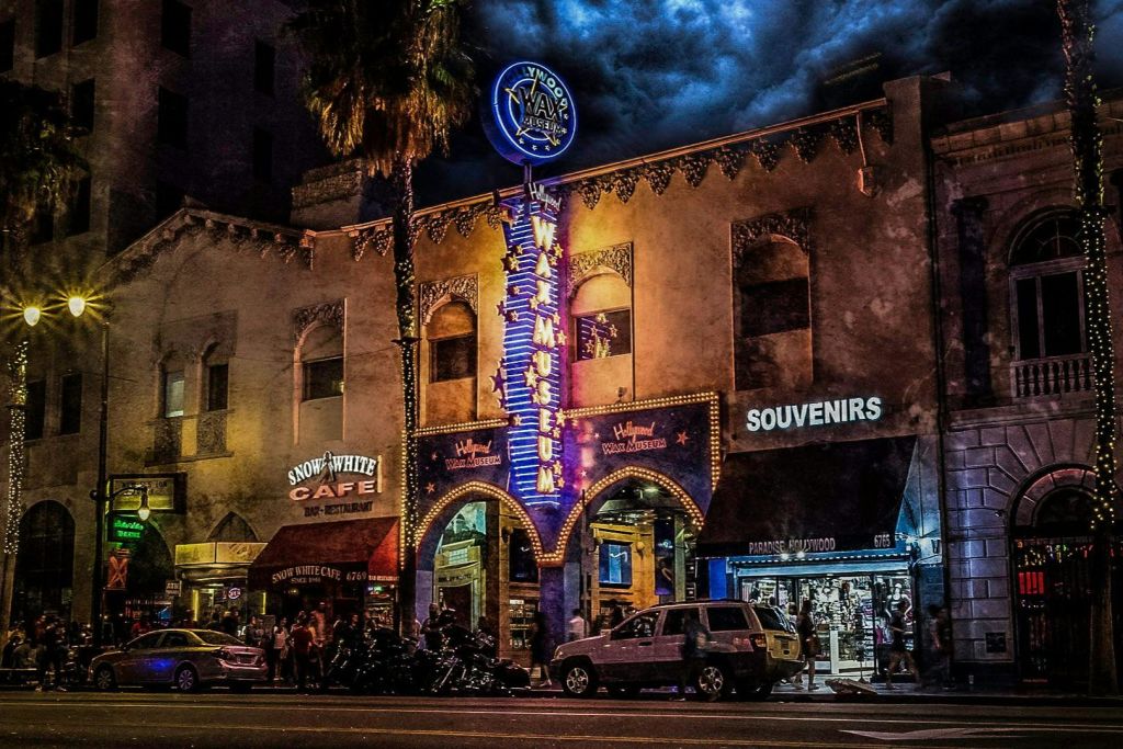 Night photo of the exterior of the Hollywood Wax Museum