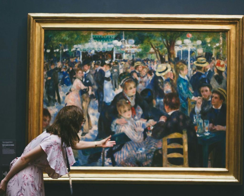 한 여성이 생리복을 입은 많은 사람들과의 활발한 야외 사교 모임을 묘사한 커다란 액자 그림에 기대어 있습니다.