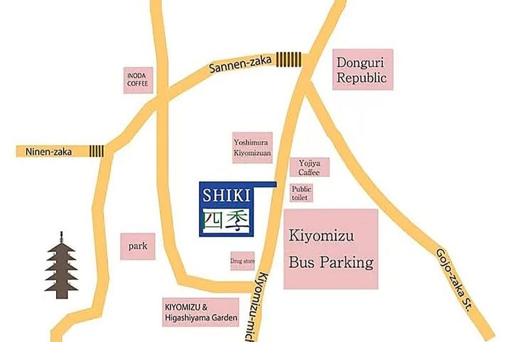 시키, 기요미즈 버스 주차장, 상점, 공원, 인근 거리와 같은 명소가 있는 기요미즈 지역을 보여주는 간단한 지도.