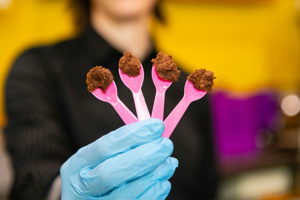 푸른 장갑을 낀 손이 흐릿한 배경에 초콜릿 숟가락이 펼쳐진 네 개의 분홍색 플라스틱 숟가락을 들고 있습니다.