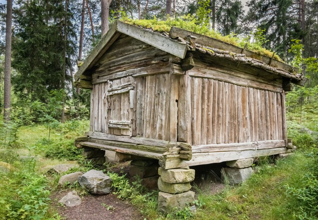 돌로 지어진 오래된 나무 오두막은 이끼로 덮인 지붕과 나무와 녹지로 둘러싸인 숲이 우거진 지역에 자리하고 있습니다.