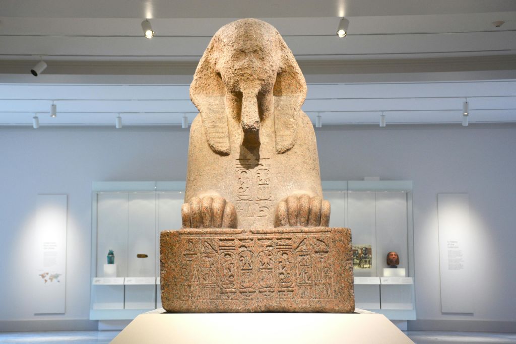 상형 문자가 있는 웅크린 모습의 고대 이집트 동상은 유물을 배경으로 박물관에 전시되어 있습니다.