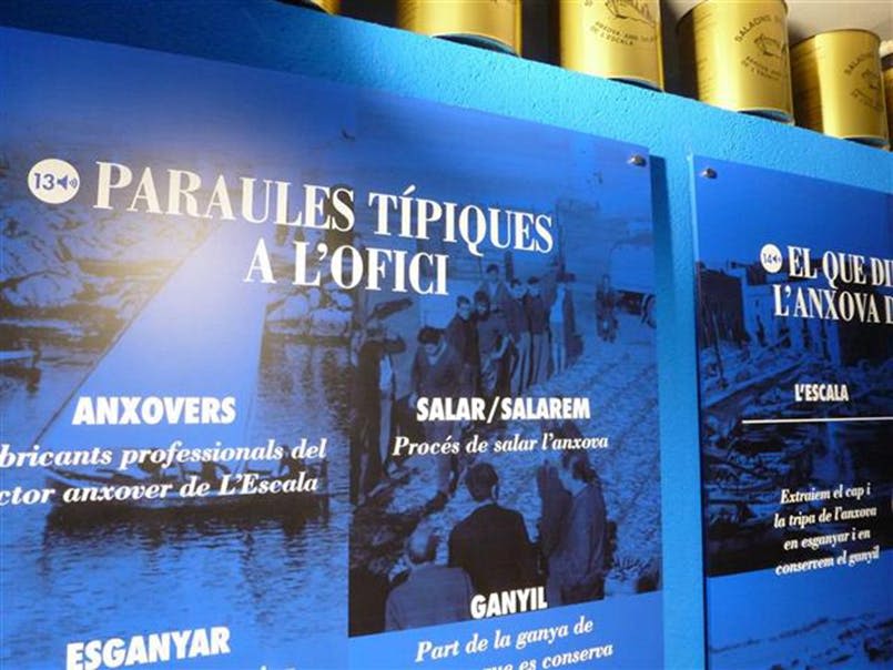 파란색 포스터와 카탈루냐어 텍스트, 벽에 걸린 역사 사진. 금속 용기는 상단에서 부분적으로 볼 수 있습니다.