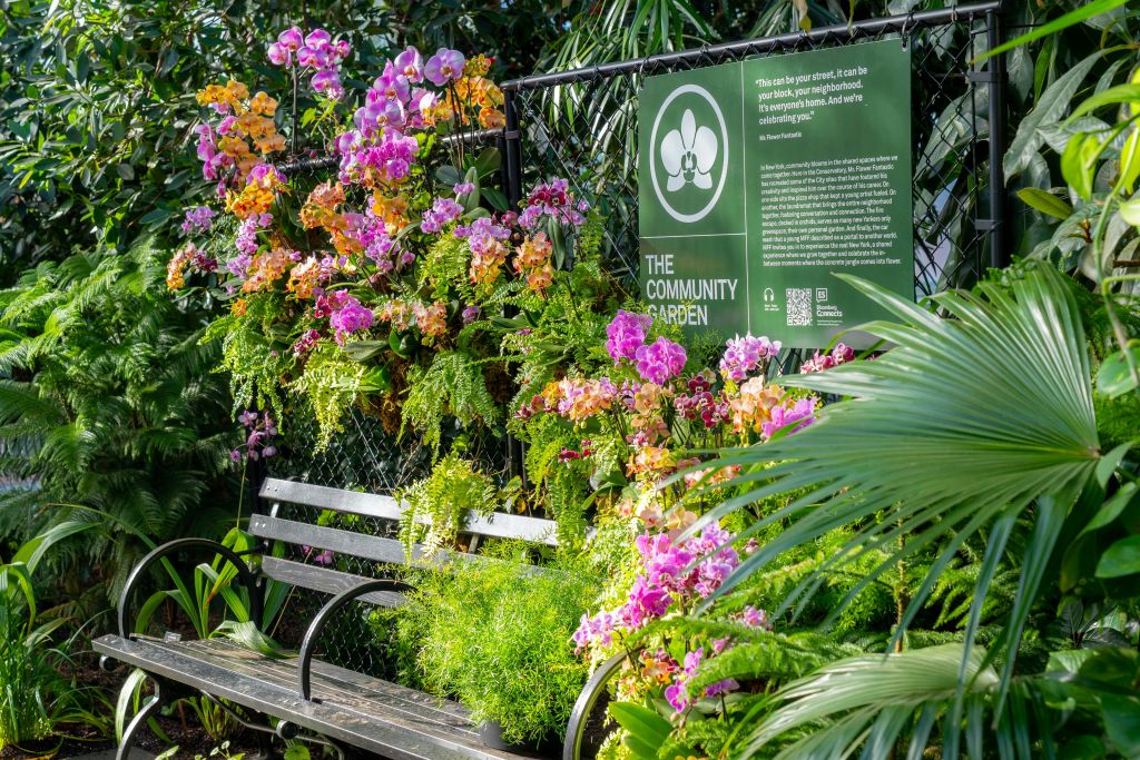 형형색색의 꽃과 초록으로 뒤덮인 울타리 앞에 놓인 벤치, '커뮤니티 가든' 이라고 적힌 간판 옆.