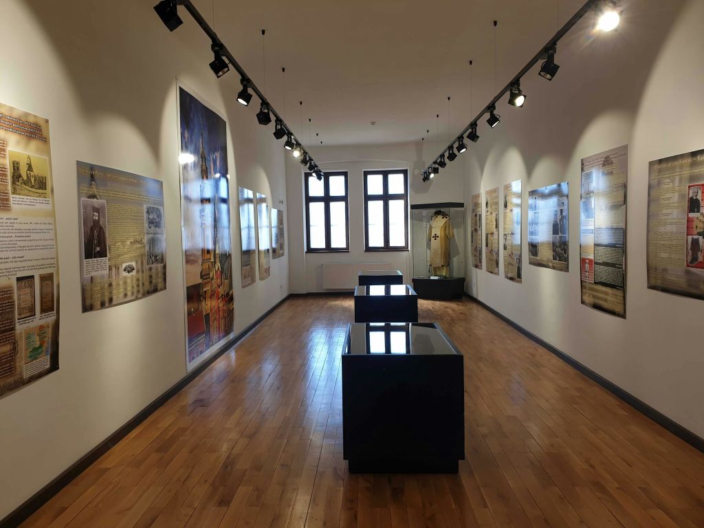 나무 바닥, 벽에 안내 패널, 전시 케이스, 천장 트랙 조명 아래 조명 전시물이 있는 갤러리입니다.