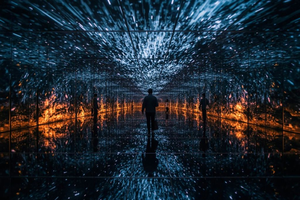 파란색과 주황색의 빛 패턴이 반사된 방을 걷는 사람이 몰입감 넘치는 분위기를 연출합니다.