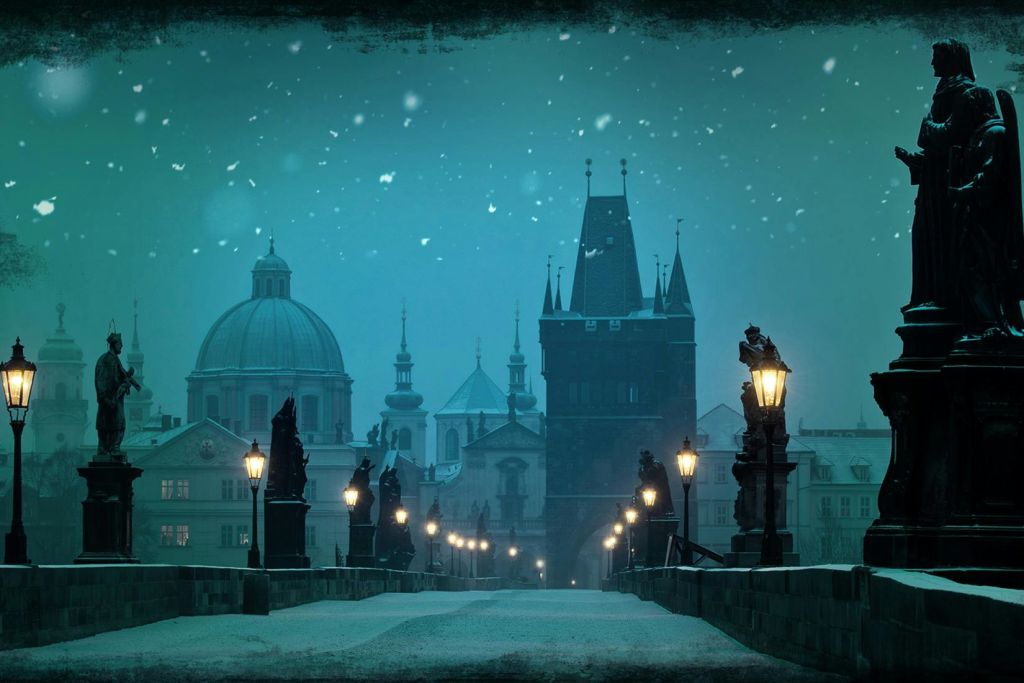 석상과 가로등이 있는 눈 덮인 다리는 청록색 하늘 아래 역사적인 건물로 이어집니다.