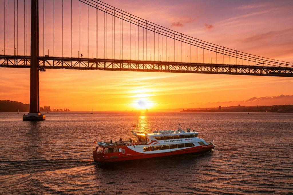 잔잔한 바다 위로 펼쳐진 활기찬 석양을 배경으로 실루엣의 해안선을 배경으로 페리가 서스펜션 브리지 아래를 가로지르고 있습니다.