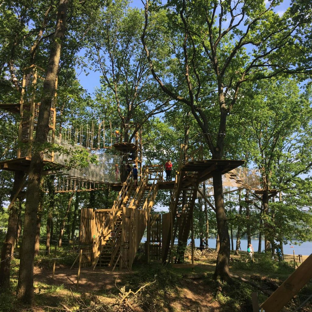 높은 나무 사이에 나무 플랫폼, 다리, 사다리가 있는 트리하우스 어드벤처 파크. 사람들이 구조물을 걷고 있습니다.