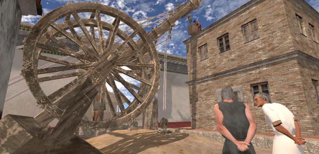 고대 옷을 입은 두 사람이 벽돌 건물 옥상에서 창문이 있는 다른 사람을 올려다보고 있습니다.