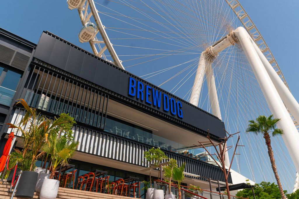 푸른 하늘을 배경으로 커다란 전망대 아래에 야외 좌석이 있는 브루독 바가 있습니다.