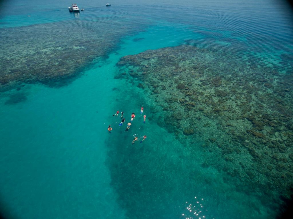 근처에 보트가 있는 맑은 청록색 바다에서 산호초를 헤엄치는 스노클러의 공중 풍경.