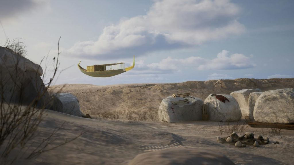 커다란 바위가 있는 모래 사막 위 하늘에는 보트 모양의 물체가 떠 있습니다. 배경에 흐린 하늘.