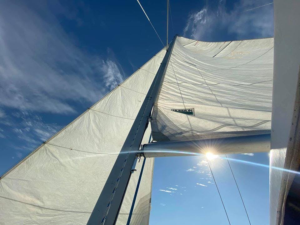 바다에 반사되는 햇빛과 함께 푸른 하늘을 배경으로 한 범선의 하얀 돛을 클로즈업한 사진입니다.