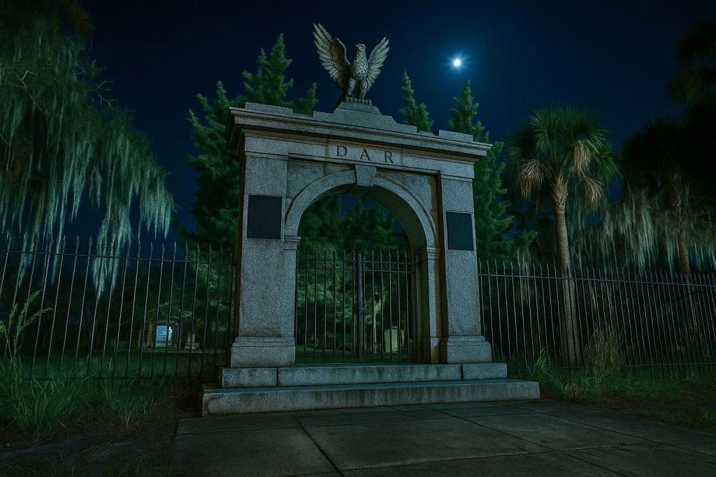 나무로 둘러싸인 "다르" 로 표시된 독수리 상과 달이 있는 밤하늘 아래 울타리가 있는 석조 아치.