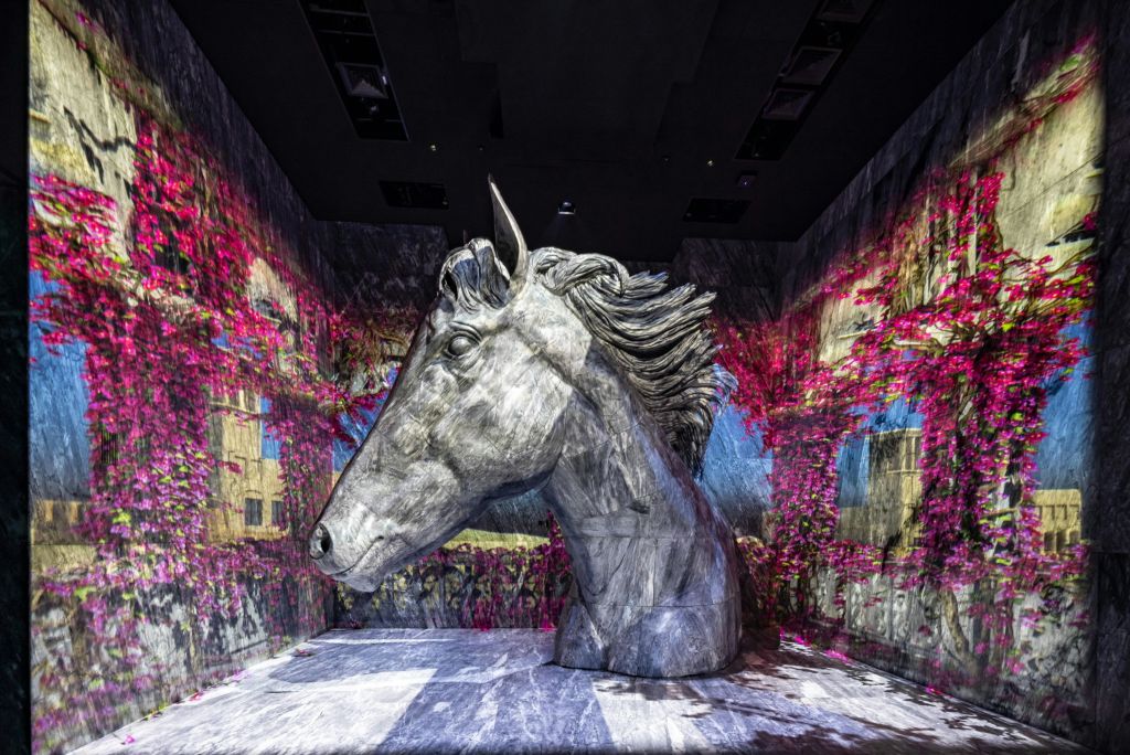 벽에 화려하게 투사된 비주얼로 둘러싸인 실내 전시관에 대형 말머리가 전시되어 있습니다.