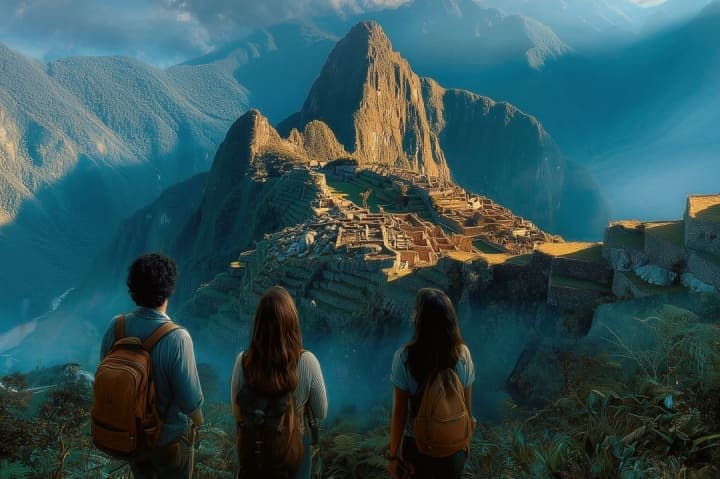 마추픽추의 고대 유적이 내려다보이는 배낭을 메고 흐린 하늘 아래 산악 지형에 있는 세 사람.